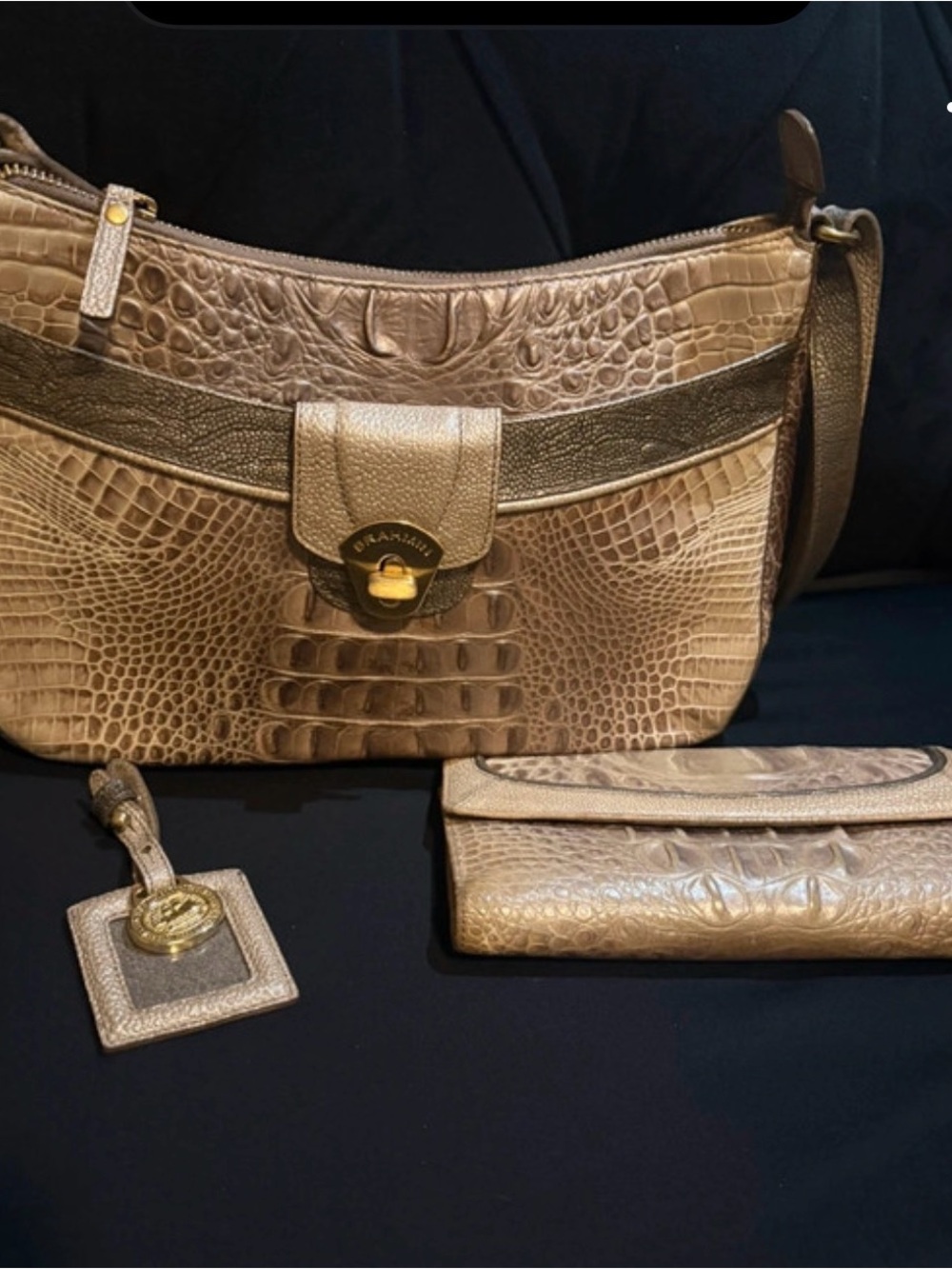 Brahmin Taupe/Bronze Croc-Embossed Shoulder Bag with Wallet